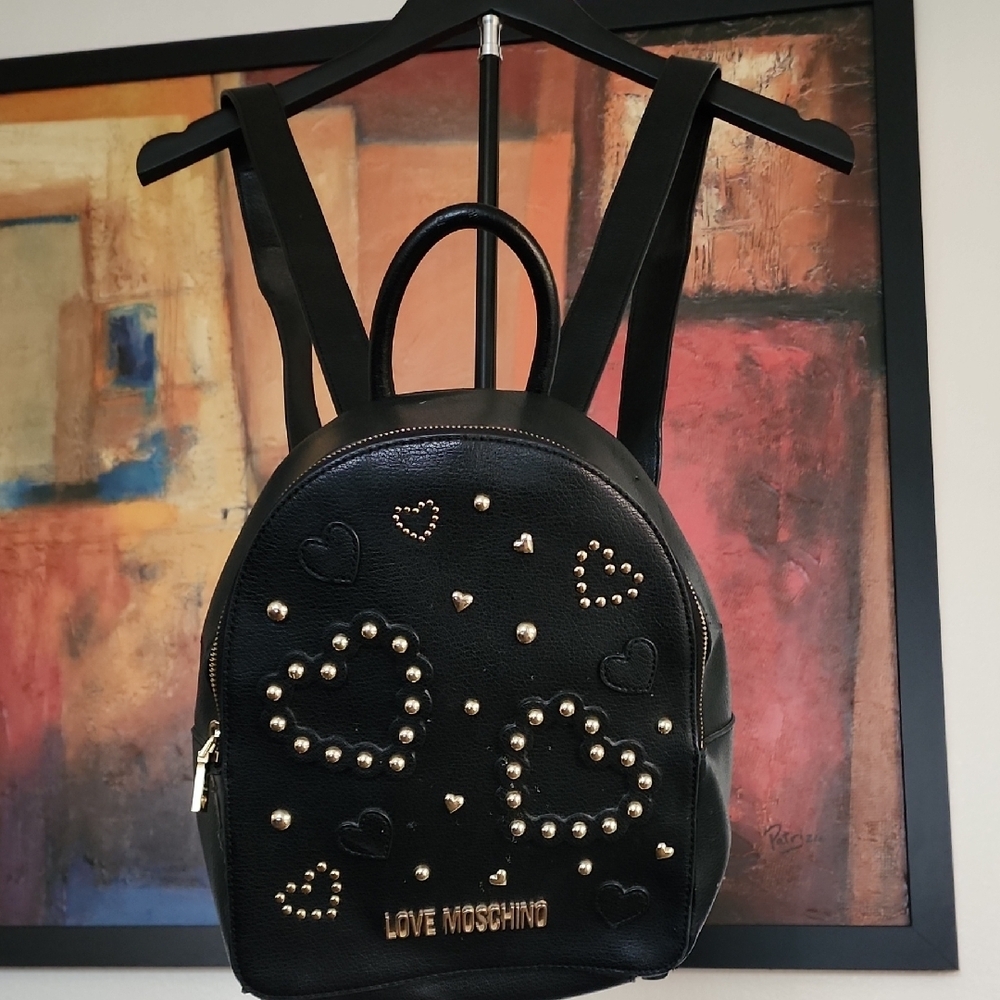 Love Moschino Black Studded Heart Backpack Gold Hardware Mini Bag OS